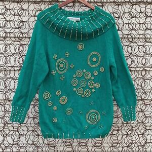 Vintage 90s teal gold art deco beaded cowl neck tunic sweater MEDIUM